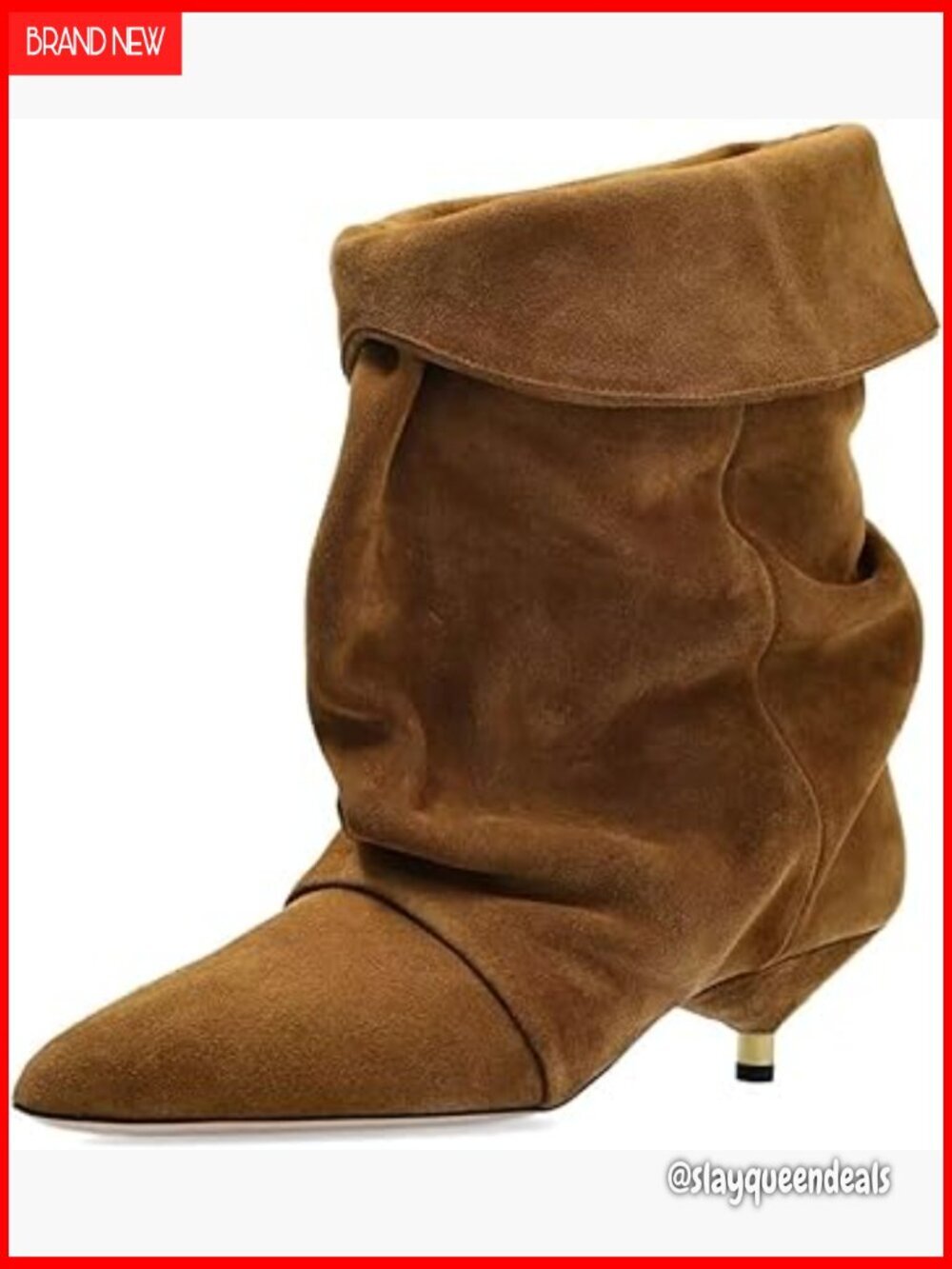 Slouchy Ankle Boots Pointed Toe Kitten Heel Wide Calf Suede Fold Over